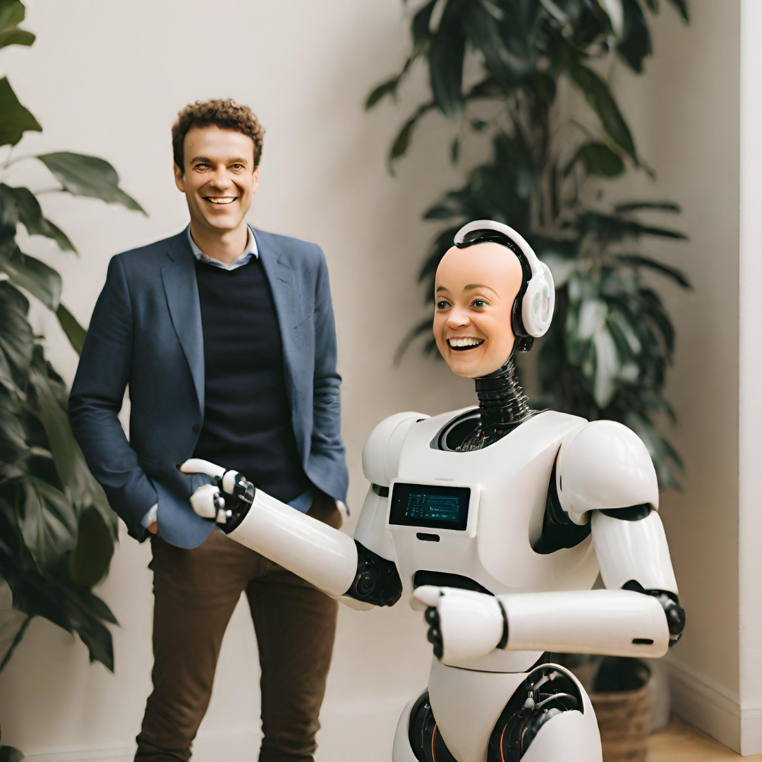 KI-generierte Bilder eines Unternehmers und eines Roboters mit menschlichem Gesicht, die zusammen lachen